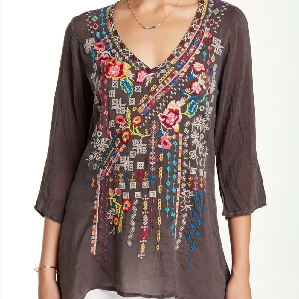 Johnny Was Gray Tunic with Multicolor Embroidery - Picture 2 of 16